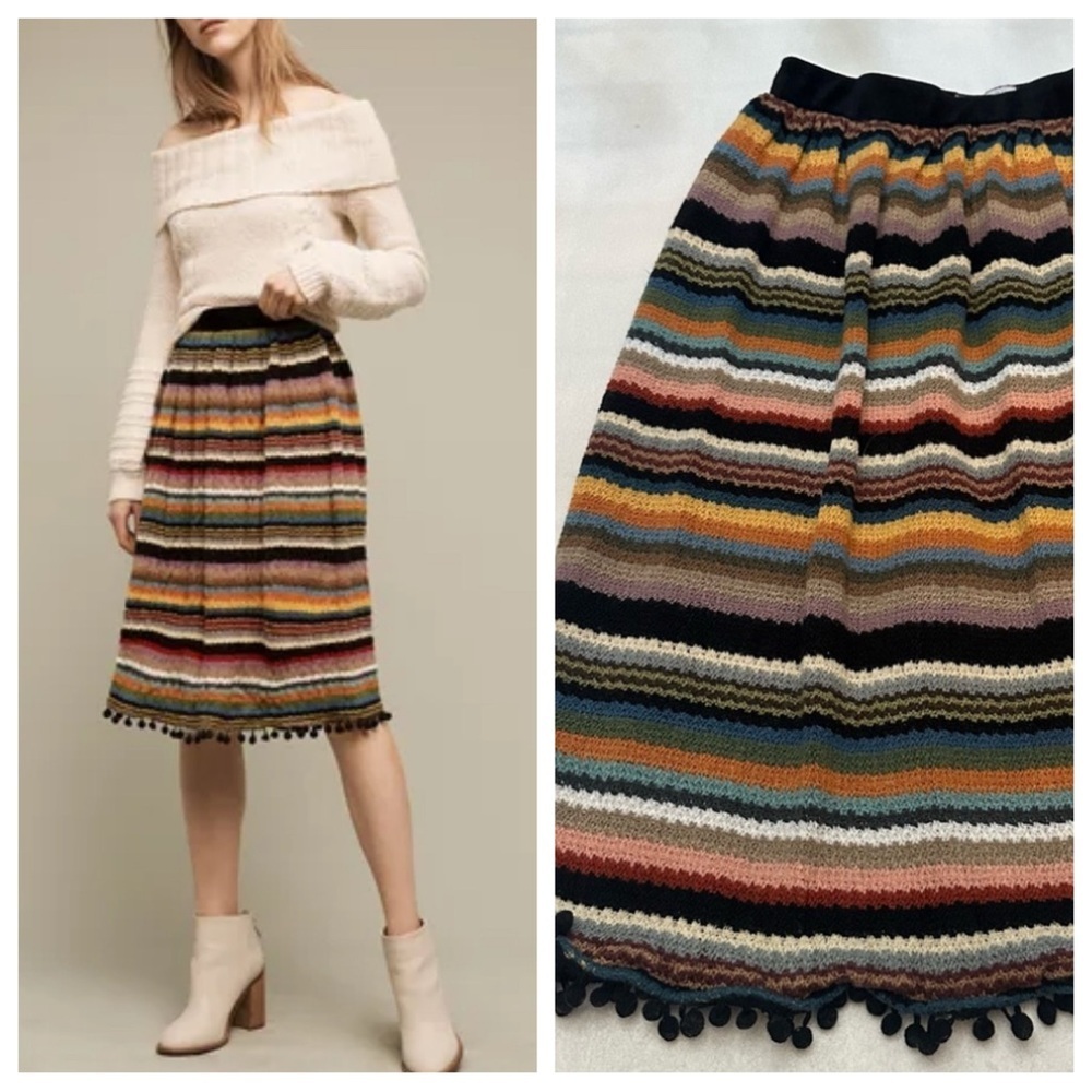 Anthropologie Eri + Ali Multicolor Striped Pom Sweater Midi Skirt 51640